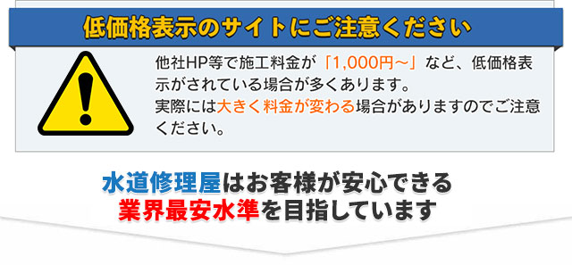 低価格表示のサイトにご注意ください,他社HP等で施工料金が「1,000円~」など、低価格表示がされている場合が多くあります。実際には大きく料金が変わる場合がありますのでご注意ください。水道修理屋はお客様が安心できる業界最安水準を目指しています